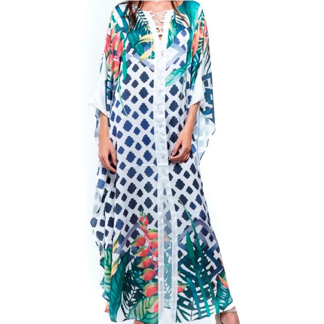 Vestido Kaftan Longo 101 Resort Wear Crepe Estampado EXCLUSIVO Barrado Flor Grafismo Azul Branco