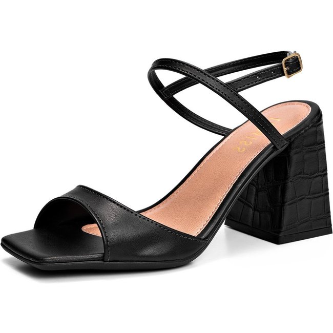 Sandália Feminina Lumiss Salto Alto Bloco Bico Quadrado Croco Preto