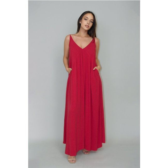 Vestido Longo Tulum Evasê Alças Linho Conigli Vermelho