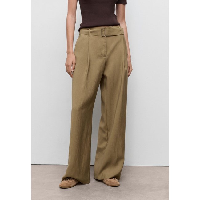 Calça Feminina Mango Lirica Alfaiataria Cintura Alta Cinto Embutido Bege