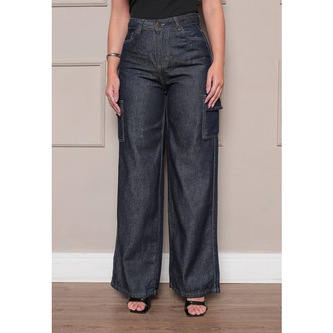 Calça Feminina Avec Wide Leg Cargo Confortável E Elegante Grafite