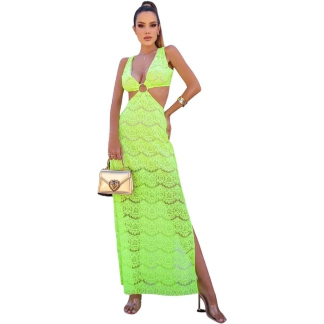 Vestido Nina Fenda Renda Abertura Verde Lima Neon