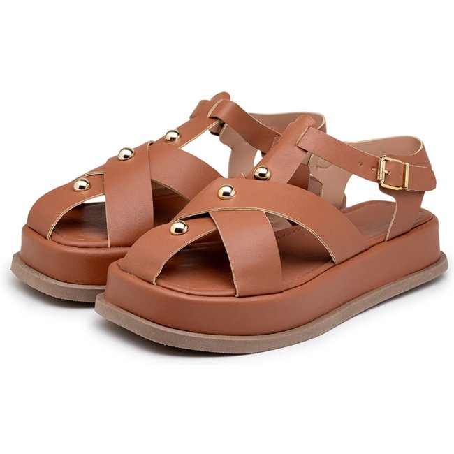 Sandália Flatform Feminina Tiras Bola Dourado 23401 Caramelo