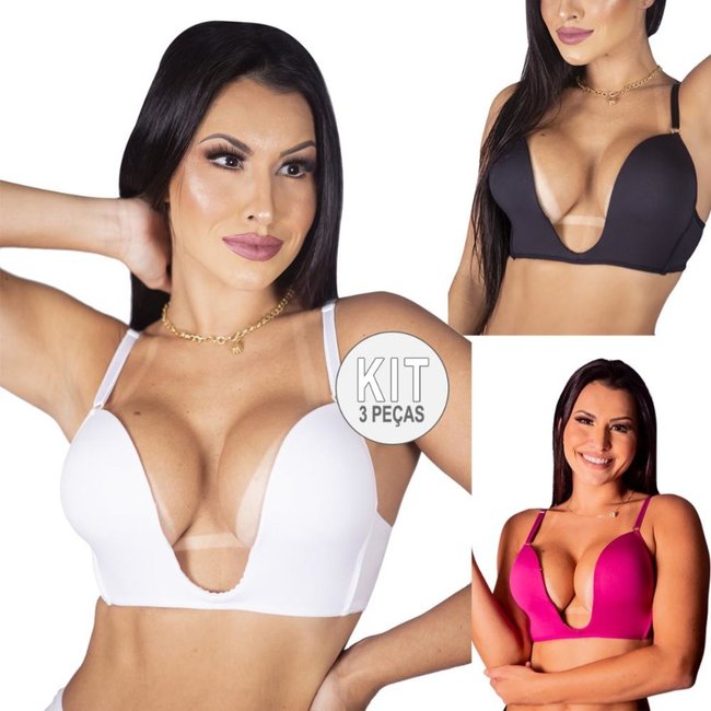 Kit 3 Sutiãs Decote profundo Push Up Rosa
