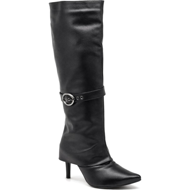 Bota Feminina Capa Sobreposta Cano Alto Salto Fino Com Acessorio 1711 Preta