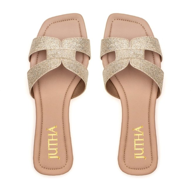 Rasteira Feminina H Flat Básica Brilho Glitter Verão Nude/Glitter