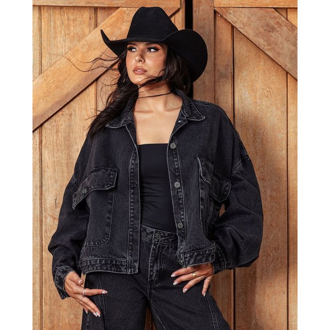 Jaqueta Jeans Oversize Feminina Cropped 24655 Preto Consciência
