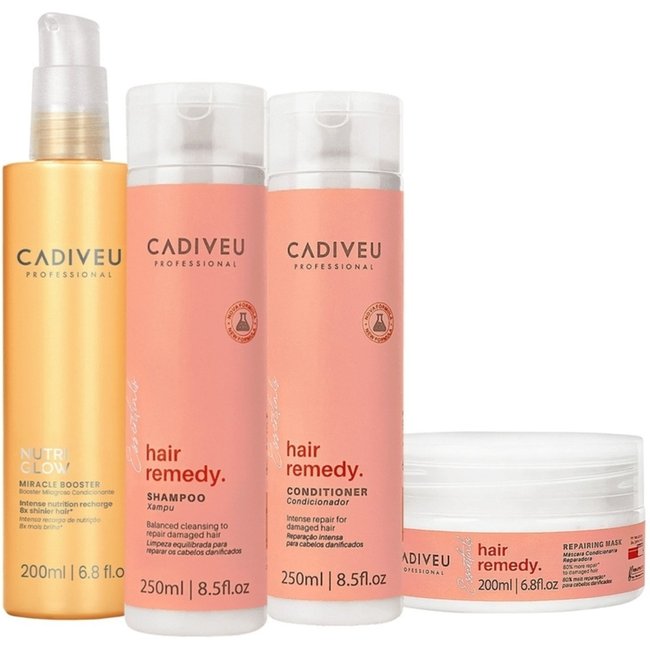 Kit Cadiveu Essentials Hair Remedy Shampoo Condicionador Máscara e Nutri Glow Booster (4 produtos)