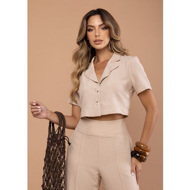 Cropped Manga Curta Sawary Fashion Infinito AREIA