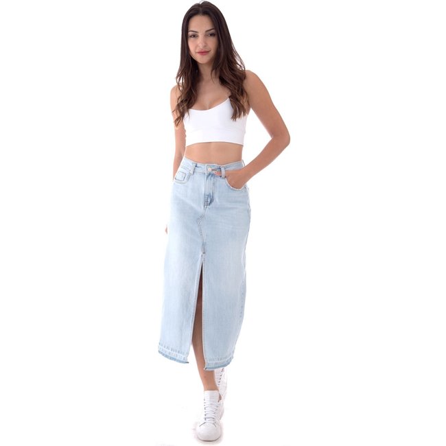 Saia Midi Jeans Operarock Fenda Azul Claro