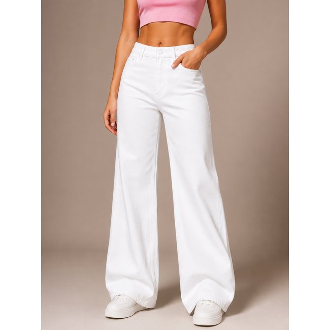 Calça Donna De Paula Wide Leg Branca Feminina Cintura Alta Jeans