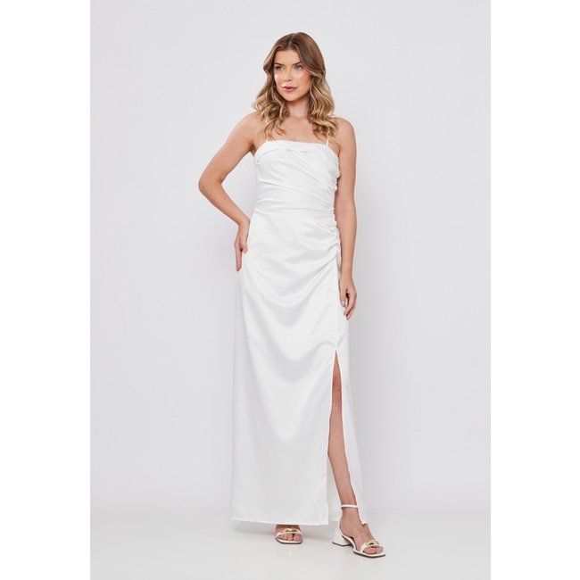 Vestido Festa Acetinado Branco Drapeado Miss Joy 8161 Feminino