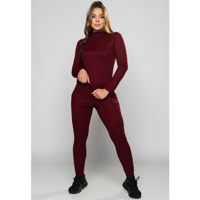 Conjunto MVB Modas Ribana Canelada Calça Jogger Cintura Alta e Blusa Gola Alta Vinho