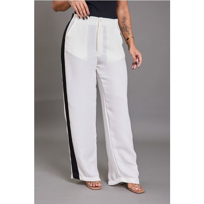 Calça Pantalona Lemier com Faixa Lateral Cintura Alta Off-White