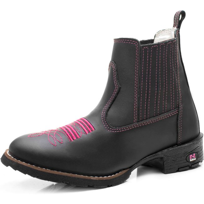 Bota Texana Botina Feminina RR Botas Couro Com Bordado Bico Redondo Preto Rosa