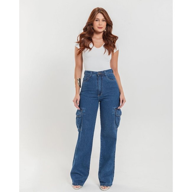 Calça Jeans Pantalona Feminina - Cargo Wide Leg - Denim Escuro