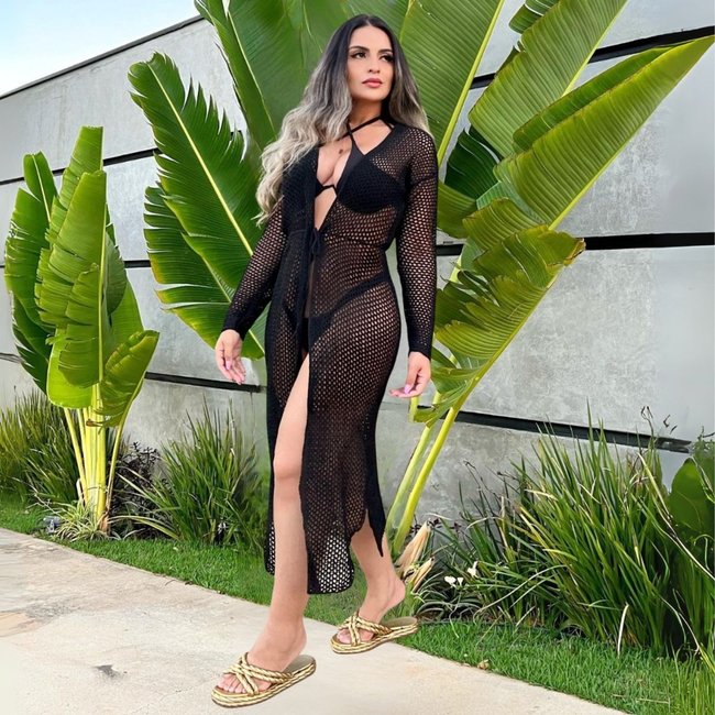Saída de Praia Feminina Preta Kimono Moda Praia Chemise Elegante Tecido Premium