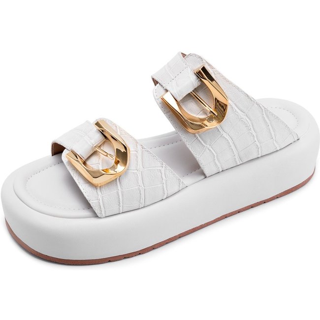 Sandália Flatform Feminina Lumiss Croco Fivelas Dourada Confortável Off White