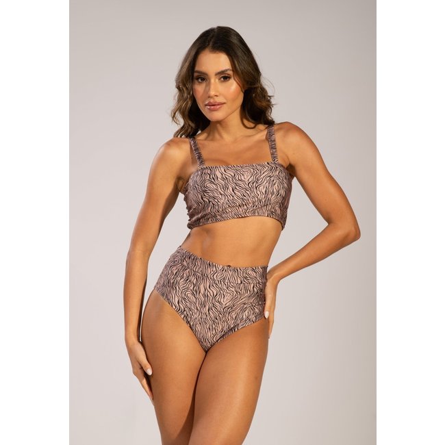 Biquíni Top Faixa Bella fiore Modas Hot Pants Estampado Cintura Alta Verão Bege