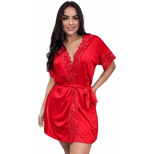 Robe de Luxo Microfibra Com Renda Hobby Roupão Roupa de Dormir com Cinto Lingerie Sexy para Noite Especial - VERMELHO