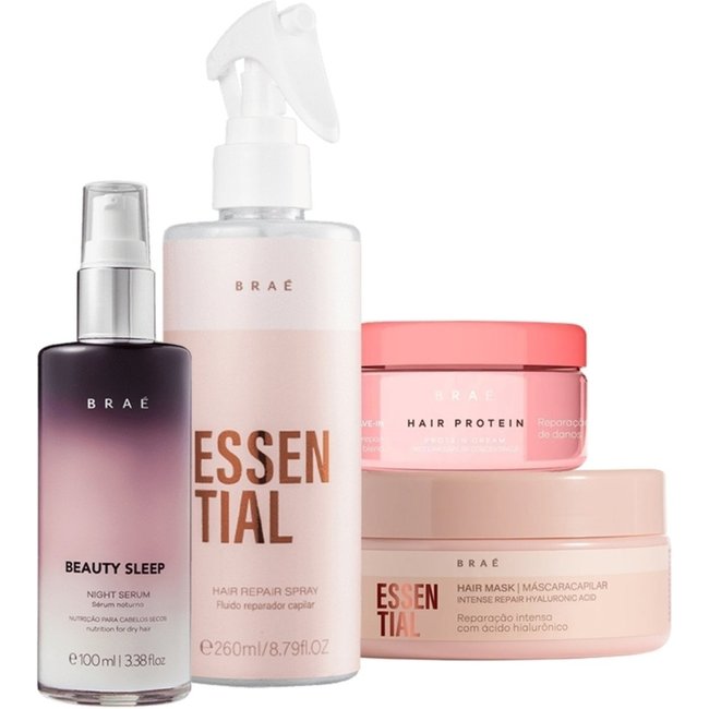 Kit Braé Hair Proteín Essential Hair Spray Máscara e Beauty Sleep (4 produtos)