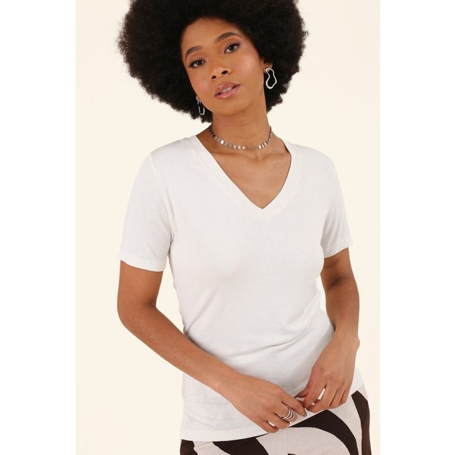 Blusa Pop Me Em Malha Tricot Manga Curta Decote V Off-White