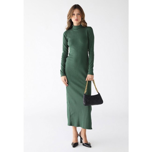 Vestido Longo Levosch Gola Alta Fenda Lateral Ribana Premium Verde Militar