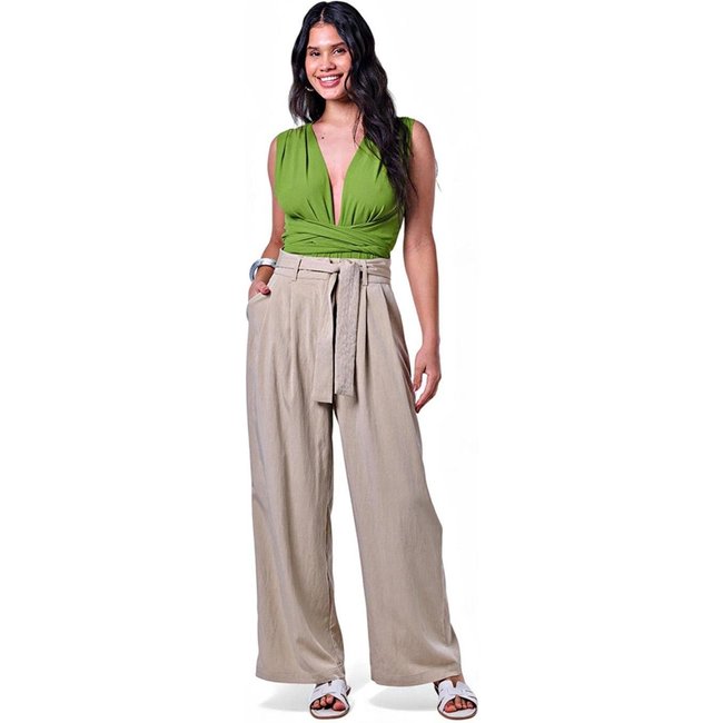 Calça Pantalona Feminina com Cinto Caqui Escuro Incolor