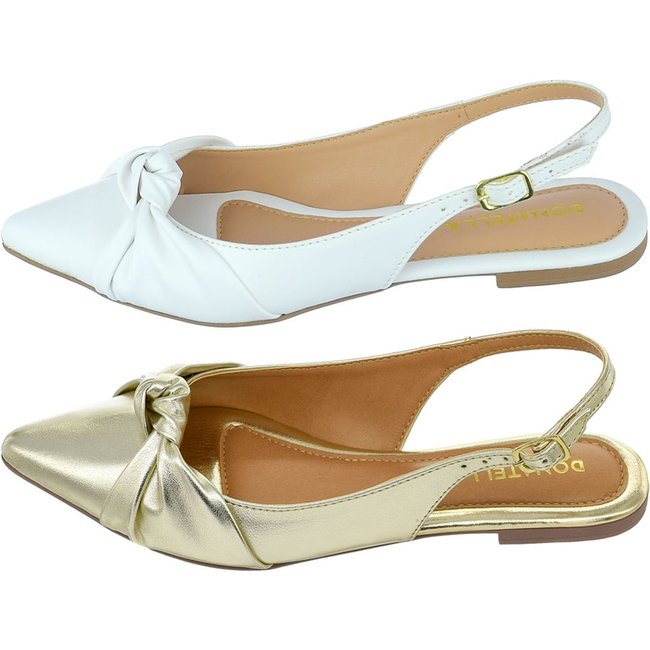 Kit 2 Pares Mule Feminino Sapatilha Bico Fino Donatella Shoes Rasteira Slingback Nó Ouro Light e Branco