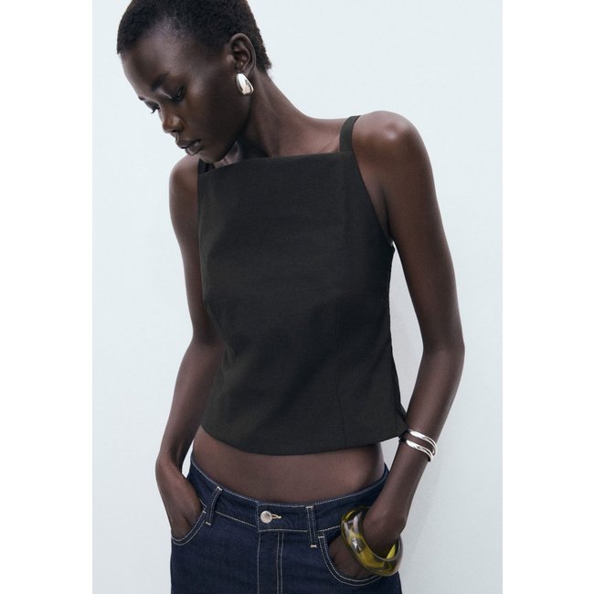 Blusa Feminina Mango Decote Reto Detalhe Laços Preta