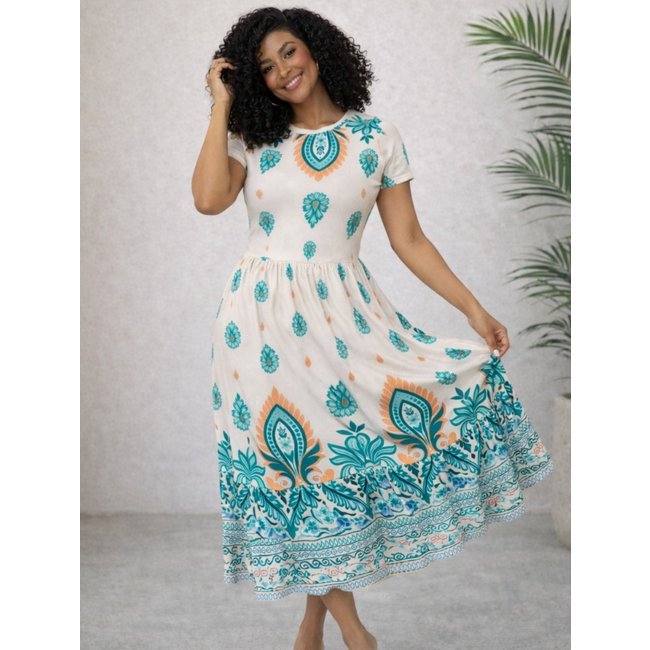 Vestido Estampado Manga Curta Moda Verão Casual Confortável Verde Água Elegante