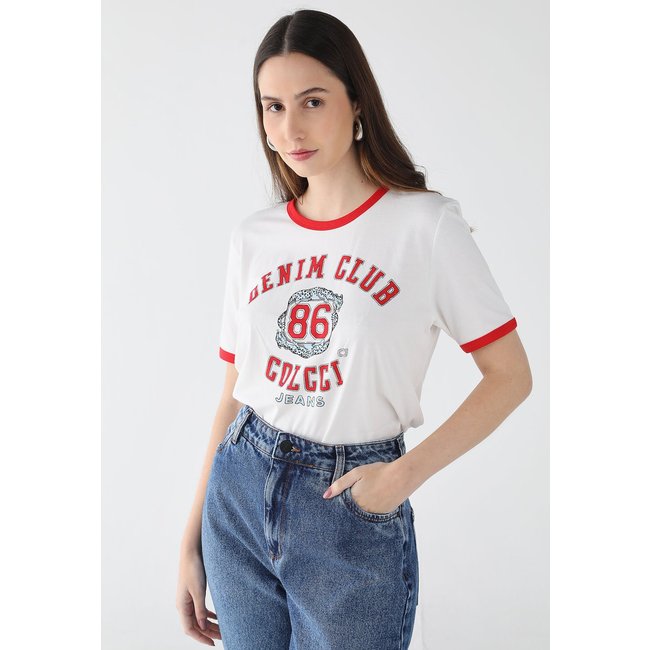 Camiseta Feminina Colcci Jeans Estampa College Branca