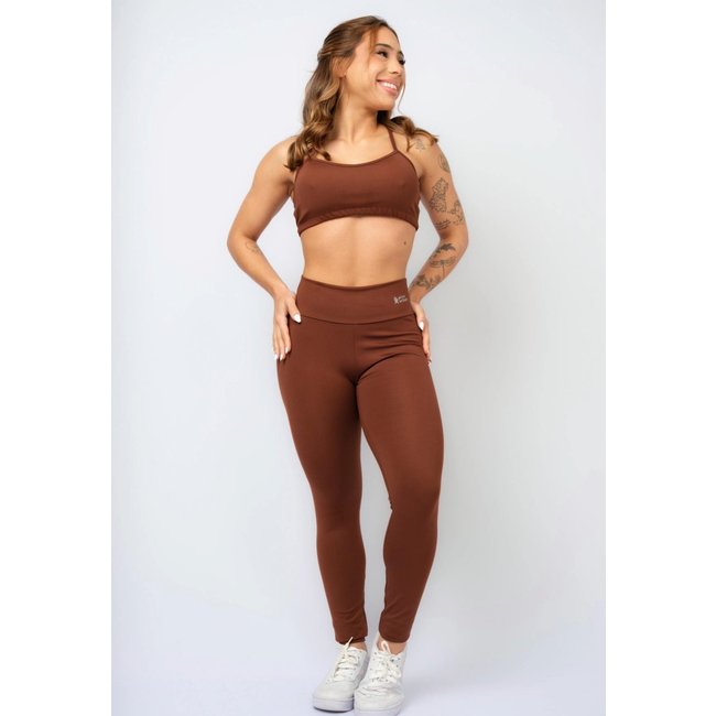 Conjunto Fitness Pink Urban Top Alça Nadador Calça Legging Cintura Alta Blackout Academia - Café