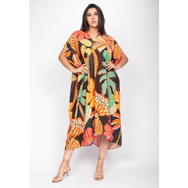 Vestido Kaftan Mutum Detalhes nas Costas Estampa Jardim do Verão
