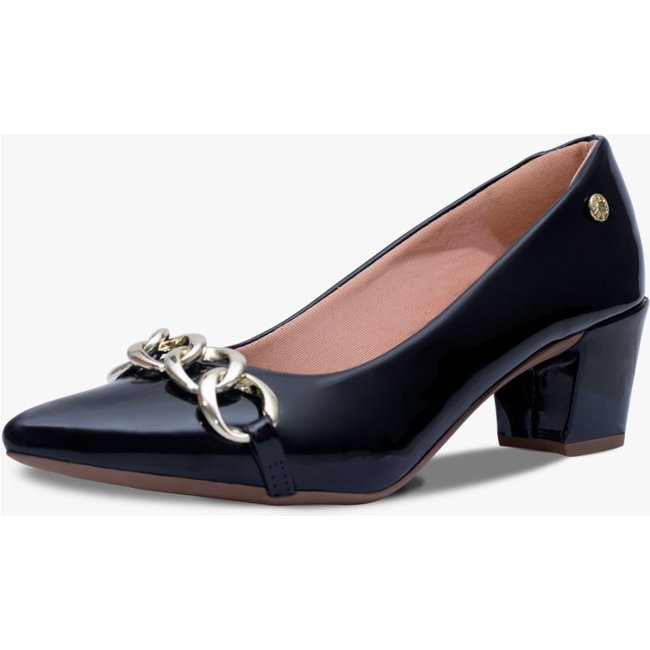 Scarpin Feminino Takata Salto Baixo Bloco Grosso Corrente Preto