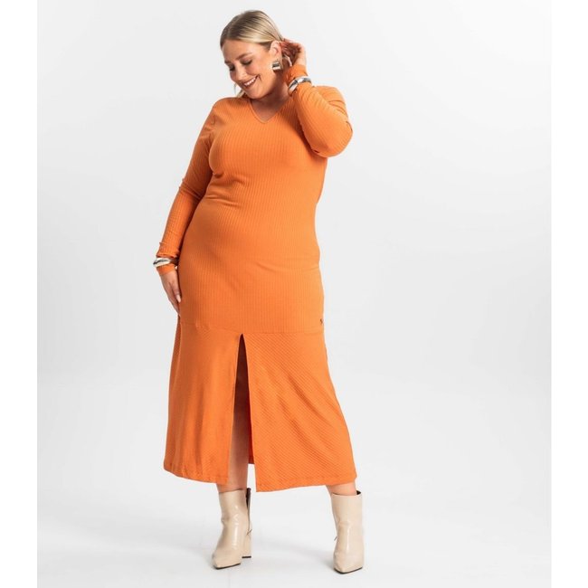Vestido Midi Plus Size Manga Longa Secret Glam Laranja