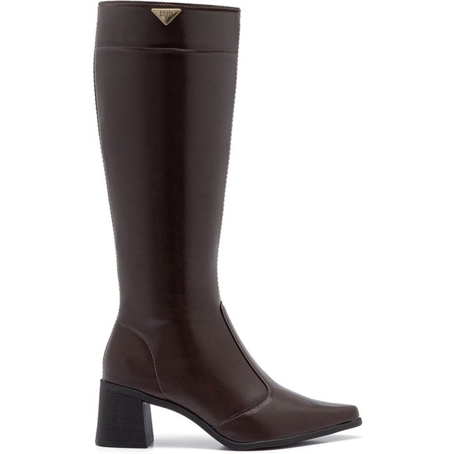 Bota Feminina Montaria Stessy Cano Alto Bico Fino Salto Confortável Lisa Elegante Moda Inverno Marrom Brownie