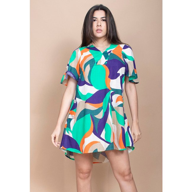 Vestido Curto Cabanafree Pataxô Viscose Mullet Decote V Brisa do Mar