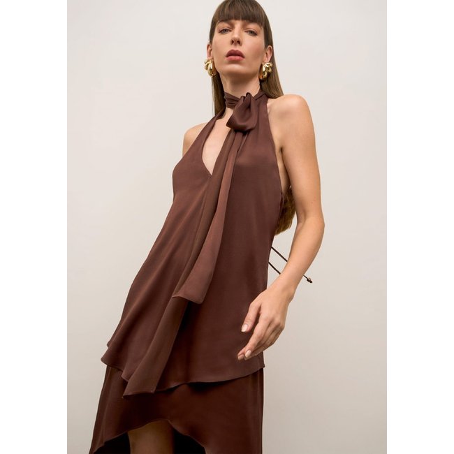 Vestido Iódice Solto Decote V Sem Manga Curto Marrom