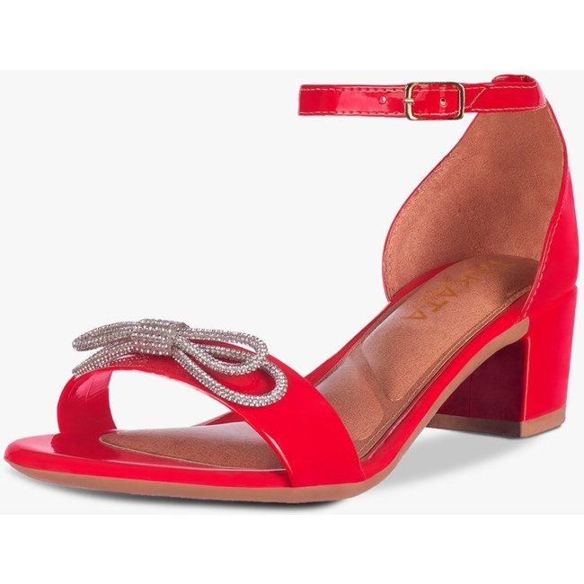 Sandália Feminina Salto Quadrado Bloco Baixo Laço Cristal Vermelho