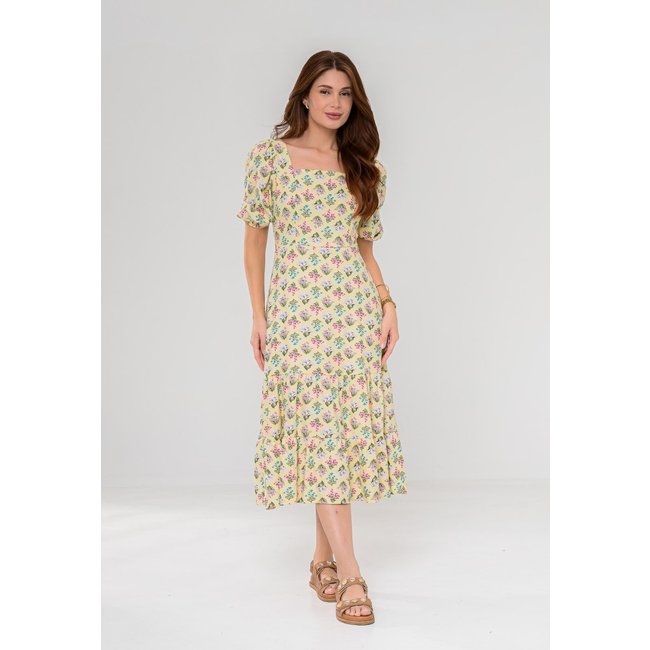 Vestido Aura Pietra Linho Floral Luzente Amarelo