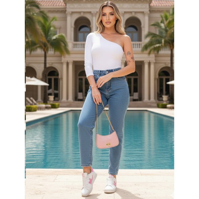 Calça Jeans Feminina Mom Alpha Street Wear Cintura Alta Mega Estilosa e Sofisticada Azul Clara