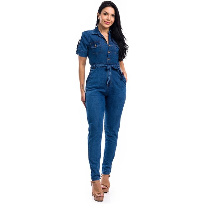 Macacão Jeans Restrito Jeans Com Mangas e Elastano - Azul