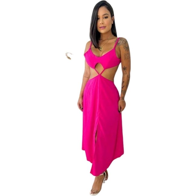 Vestido Midi Viscose Abertura Laço Amarração Pink Rosa