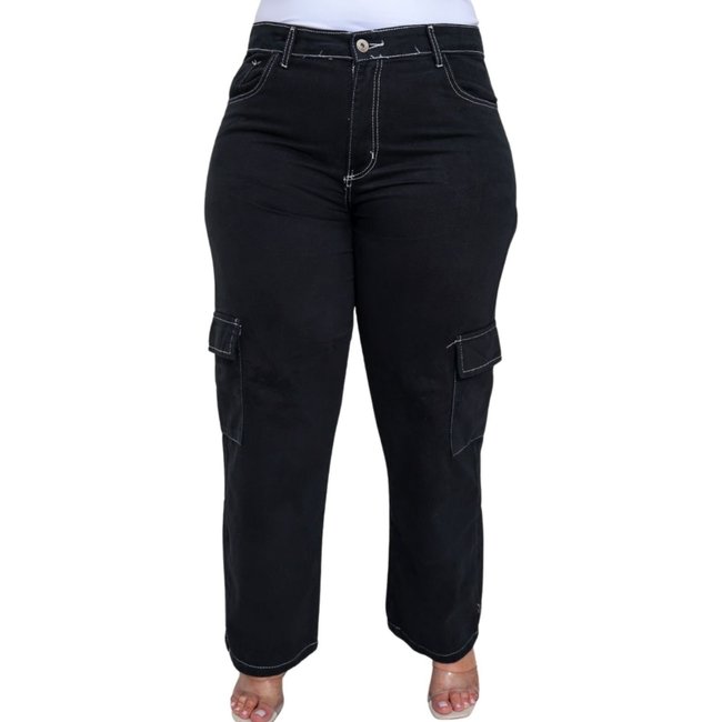 Calça Cargo Feminina Plus Size Preta Sarja com Costura Branca Alleppo Jeans
