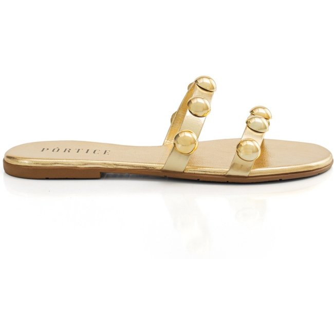 Sandália Feminina Rasteira Flat Flatform Enfeite Metal Brilho Dourado