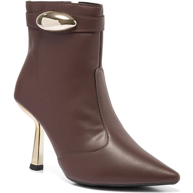 Bota Feminina Stesy Shoes Cano Curto Bico Fino Salto Metalizado Lesma Marrom