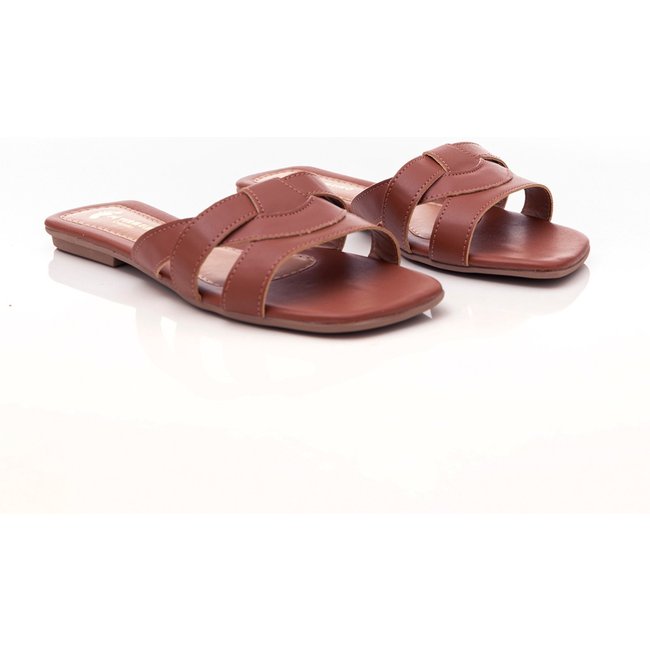 Rasteira Feminina Heloisa Flat Slide Trama com Costuras Caramelo
