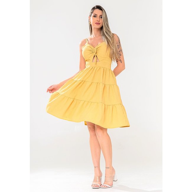 Vestido Floral Curto Decote Frontal Duna Premium Yellow Tendencia Com Babado Com Alça Com Regulador Costas Nuas Amarelo