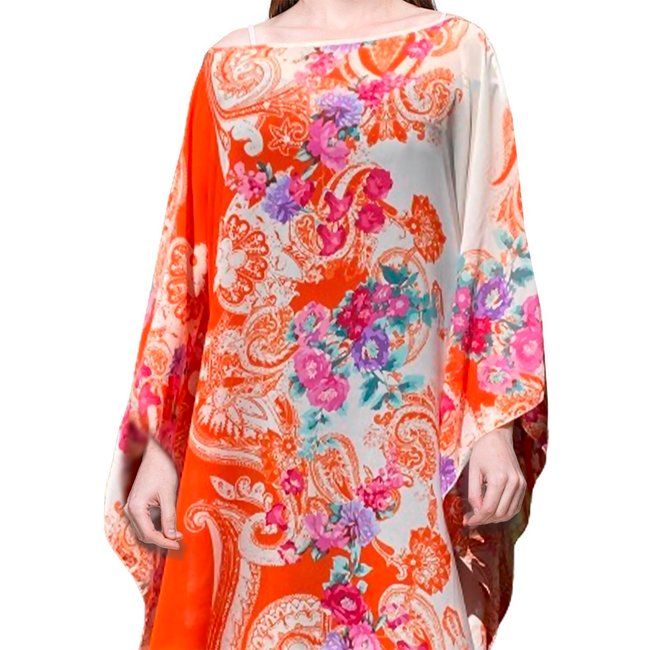 Saída Vestido Kaftan Amplo Crepe Semitransparente Estampado Lenço Laranja